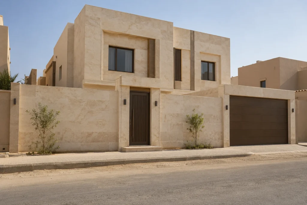 واجهة فيلا بكسوة رخام بيج وسور خارجي متناسق