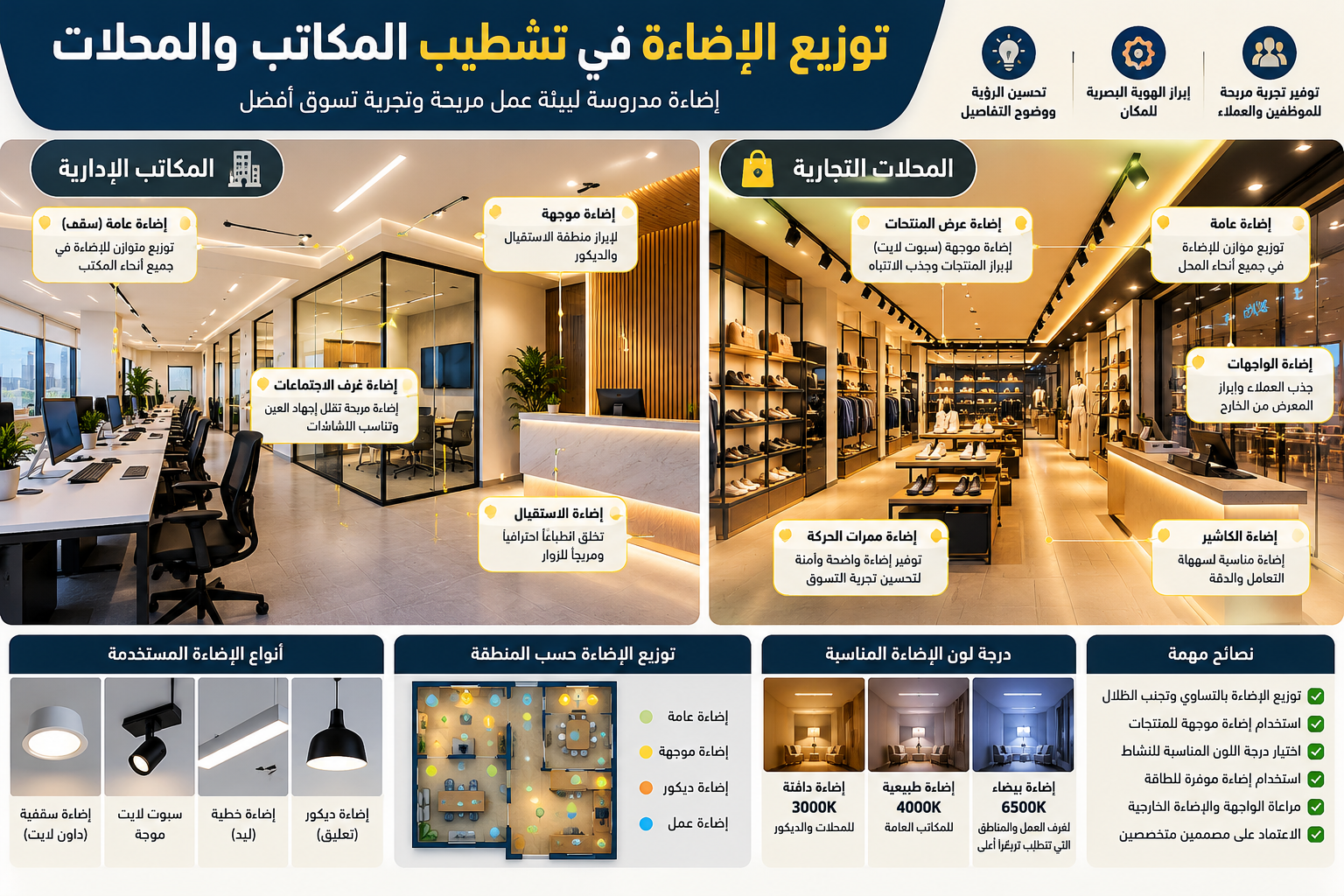 توزيع الإضاءة في تشطيب المكاتب والمحلات